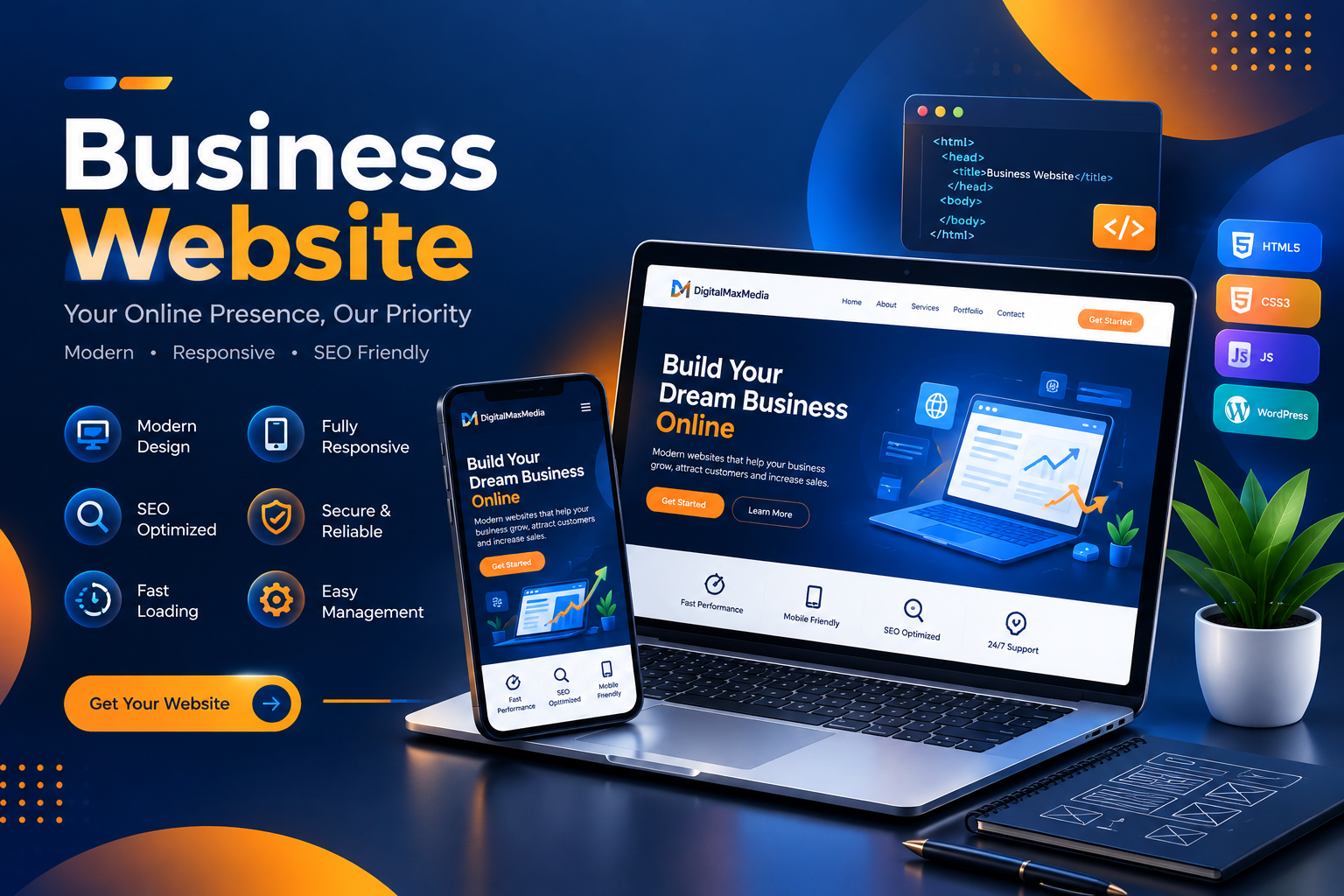 Modern business website development with responsive design and SEO optimization
