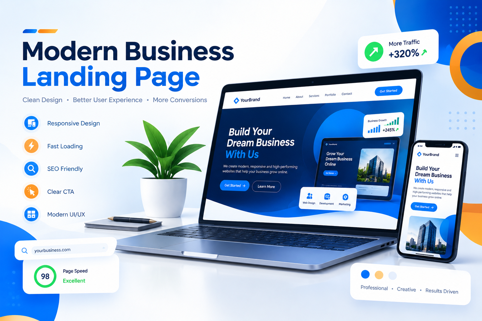 Modern business landing page with responsive web design and user-friendly interface